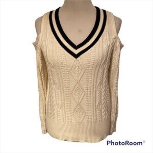 BOSTON PROPER V-NECK SWEATER WHITE BLACK CABLE KNIT COLD SHOULDER PREPPY SIZE S